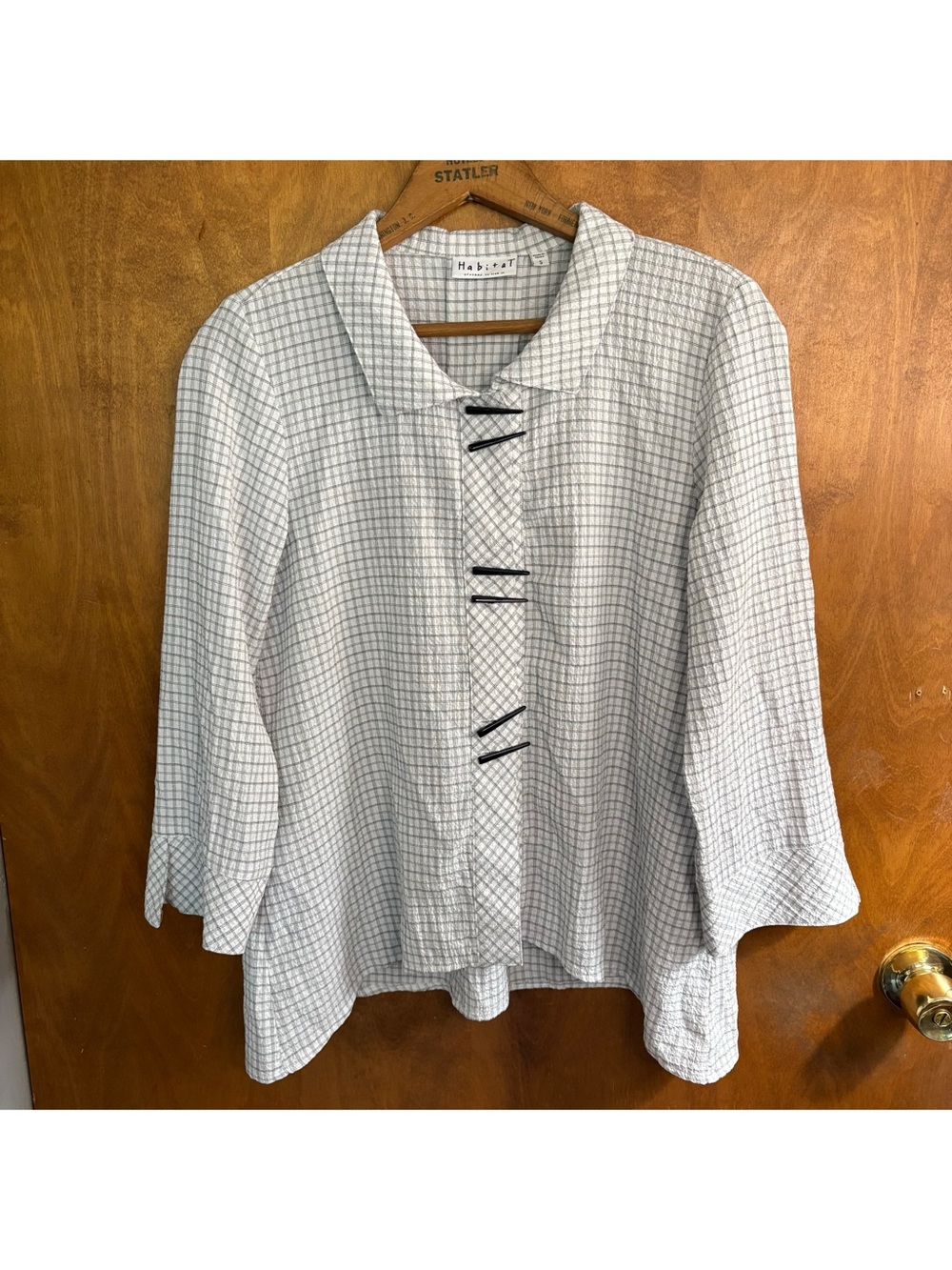 Habitat White & Black Plaid Crinkle Tunic Blouse Top Toggle Button Lagenlook Mod